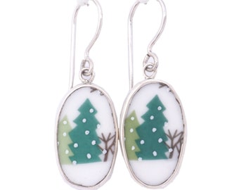 Broken China Jewelry Sleighride Winter Trees Sterling Tall Oval Dangle Earrings