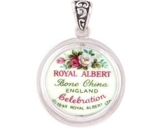 Broken China Jewelry Royal Albert Celebration Backstamp Sterling Circle Pendant
