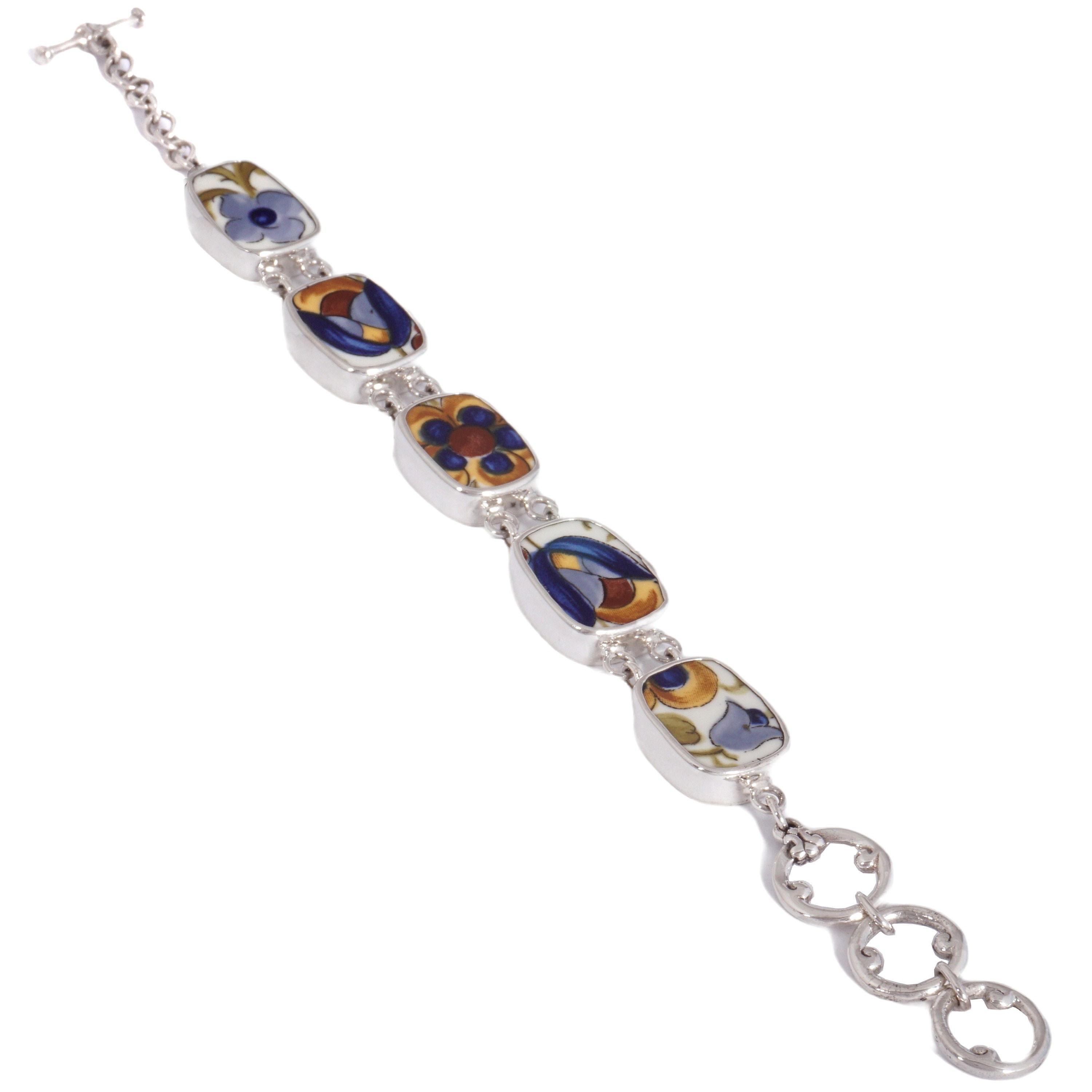 Broken China Jewelry Troubadour Folk Art Blue Brown and Yellow Floral Sterling Adjustable Bracelet