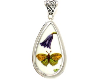 Botanic Garden Sterling Silver Pendant, Butterfly & Purple Flower