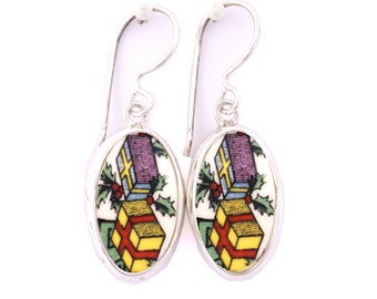 Broken China Jewelry Christmas Tree Gifts Sterling Dangle Oval Earrings