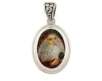 Broken China Jewelry Victorian Santa Holding Holly Sterling Oval Pendant