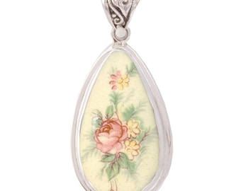 Broken China Jewelry Eggshell Pink & Yellow Roses Sterling Silver Tall Drop Pendant