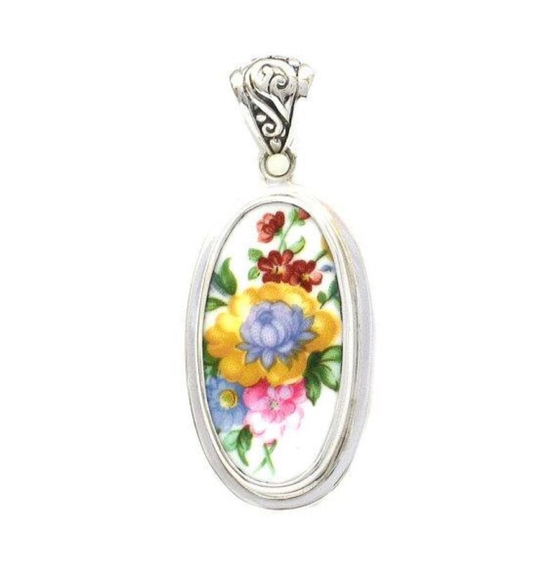Broken China Jewelry Royal Albert Lady Carlyle Blue /& Yellow Flower Sterling Tall Oval Pendant