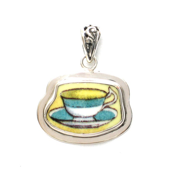 Broken China Jewelry Duchess Teacup Green Rim Tea Cup and Saucer Sterling Pendant