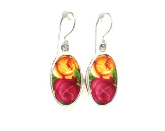 Broken China Jewelry Old Country Roses Pink and Yellow Double Rose Sterling Earrings