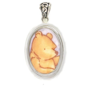 Broken China Jewelry Classic Pooh Bear Winnie the Pooh Close Up Sterling Oval Pendant