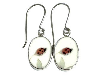 Broken China Jewelry Butterfly Meadow Ladybug Lady Bug Sterling Earrings