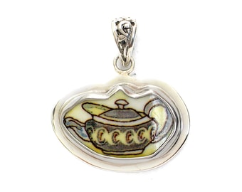 Broken China Jewelry Duchess Teapot Blue Gray with Yellow Ovals Tea Pot Sterling Pendant