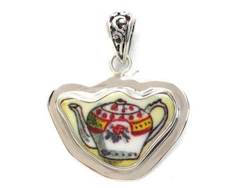 Broken China Jewelry Duchess Teapot Single Rose Tea Pot Sterling Pendant