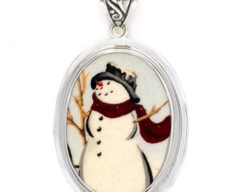 Broken China Jewelry Happy Snowman Left Facing Sterling Oval Pendant