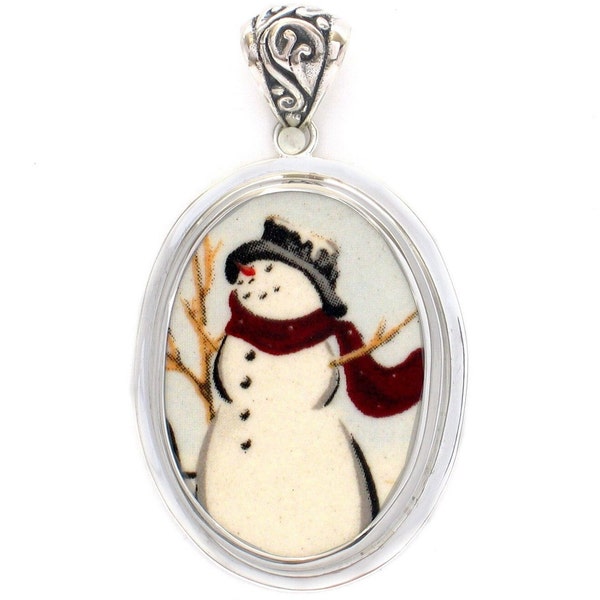 Broken China Jewelry Happy Snowman Left Facing Sterling Oval Pendant