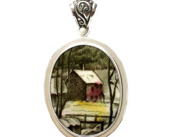 Broken China Jewelry Johnson Brothers Friendly Village Red Barn House C Sterling Oval Pendant