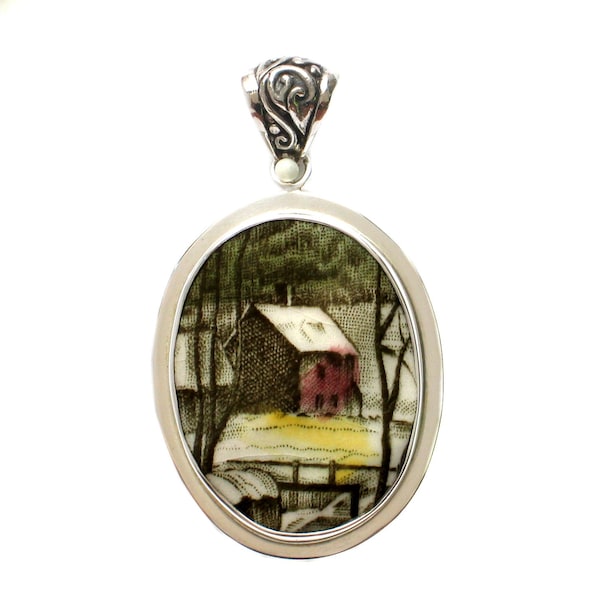Broken China Jewelry Johnson Brothers Friendly Village Red Barn House C Sterling Oval Pendant
