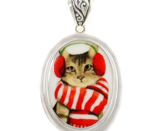 Broken China Jewelry Tabby Winter Cat in Red and White Scarf Sterling Oval Pendant