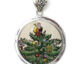 Broken China Jewelry Christmas Tree Santa Large Circle Sterling Pendant