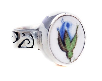Size 8 Broken China Jewelry Moonlight Roses Blue Rose Rosebud Sterling Ring