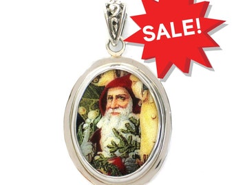 Broken China Jewelry Victorian Christmas Santa Close Up with Evergreen Sterling Oval Pendant