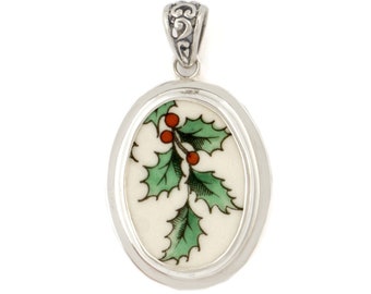 Broken China Jewelry Christmas Holly Sterling Oval Pendant