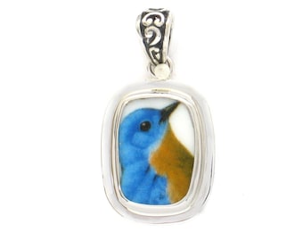 Broken China Jewelry Bluebird Blue Garden Bird Bird Sterling Rectangle Pendant