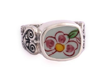 SIZE 8 Broken China Jewelry Adams Calyx Singapore Bird Aqua Flower B Sterling Ring