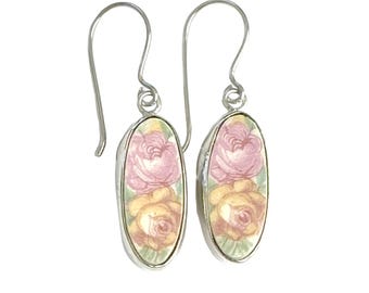 Broken China Jewelry Vintage Pink Yellow Roses Sterling Tall Oval Earrings