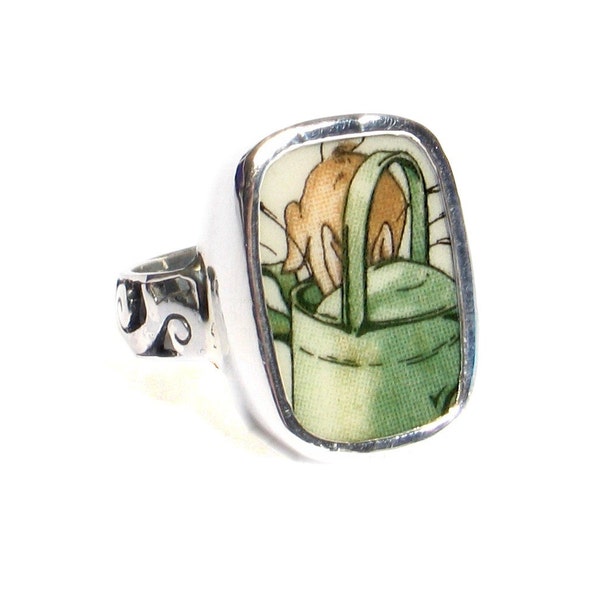 Size 6.5 Broken China Jewelry Beatrix Potter Peter Rabbit Watering Can Sterling Ring