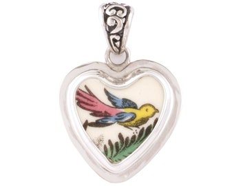 Broken China Jewelry Christmas Tree Bird Ornament Sterling Heart Pendant