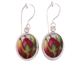 Broken China Jewelry Old Country Roses Red Flame Bud Sterling Oval Earrings