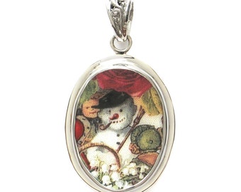 Broken China Jewelry Victorian Christmas Winter Snowman Snow Man Sterling Oval Pendant