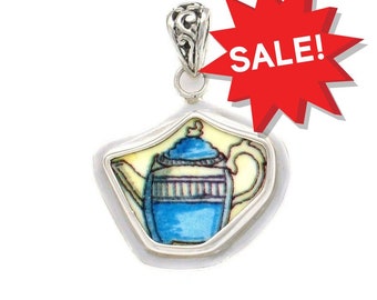Broken China Jewelry Duchess Teapot Blue Tea Pot Sterling Pendant