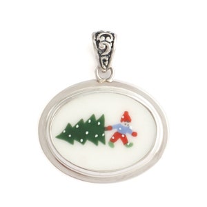 Broken China Jewelry Sleighride Boy with Christmas Tree Sterling Horizontal Oval Pendant