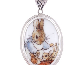 Broken China Jewelry Beatrix Potter Peter Rabbit Flopsy Bunny and Mother Josephine Sterling Oval Pendant