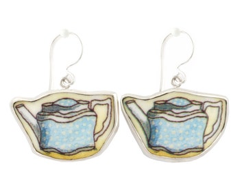 Broken China Jewelry Duchess Teapot Blue Polka Dot Tea Pot Sterling Earrings
