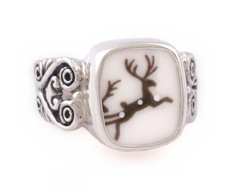 SIZE 11 Broken China Jewelry Sleighride Reindeer Sterling Rectangle Ring