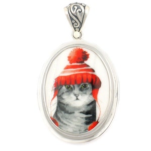 Broken China Jewelry Gray Grey Striped Winter Cat in Red Hat Sterling Oval Pendant