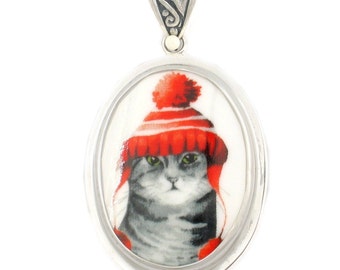 Broken China Jewelry Gray Grey Striped Winter Cat in Red Hat Sterling Oval Pendant