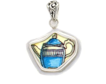 Broken China Jewelry Duchess Teapot Blue Tea Pot Sterling Pendant