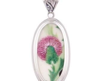 Broken China Jewelry Purple Thistle Tall Oval Sterling Pendant