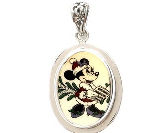 Broken China Jewelry Minnie Mouse Christmas Caroling Sterling Oval Pendant