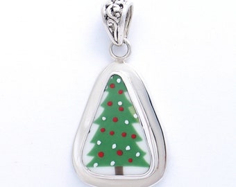 Broken China Jewelry Sleighride Winter Christmas Tree Sterling Pendant