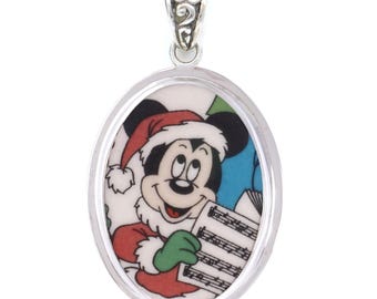 Broken China Jewelry Mickey Mouse Christmas Caroling Close Up Sterling Oval Pendant