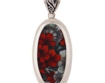 Broken China Jewelry Red Geranium Flower Sterling Tall Oval Pendant