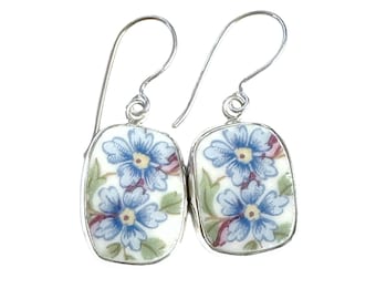 Broken China Jewelry J300 Blue Flowers with Pink Ribbon Sterling Earrings