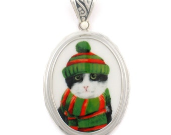 Winter Cat Sterling Silver Pendant - Upcycled China Jewelry