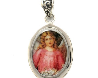 Broken China Jewelry Victorian Christmas Pink Angel Sterling Oval Pendant