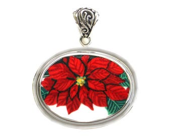 Broken China Jewelry Christmas Red Poinsettia Flower Large Sterling Horizontal Oval Pendant
