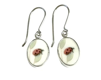 Broken China Jewelry Butterfly Meadow Ladybug Lady Bug on Leaf Sterling Earrings