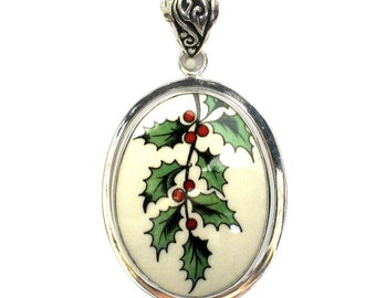 Broken China Jewelry Christmas Tree Holly Large Sterling Oval Pendant