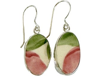 Broken China Jewelry Franciscan Desert Rose Pink Rose Flower B Sterling Dangle Earrings